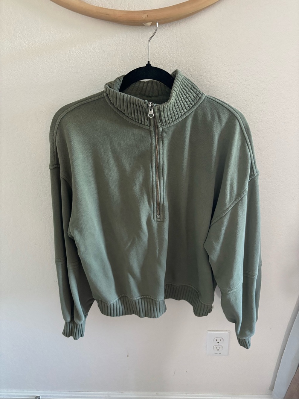 aerie Olive Half-Zip Ribbed Mock Neck Sweater